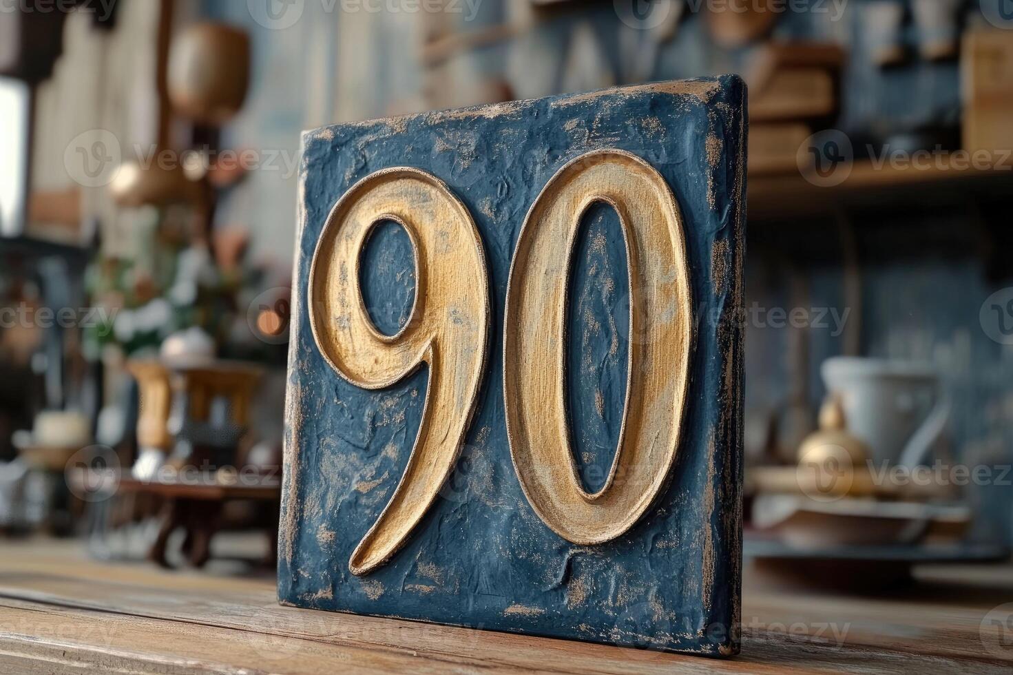 Number ninety sign sitting on wooden table in blurred interior photo