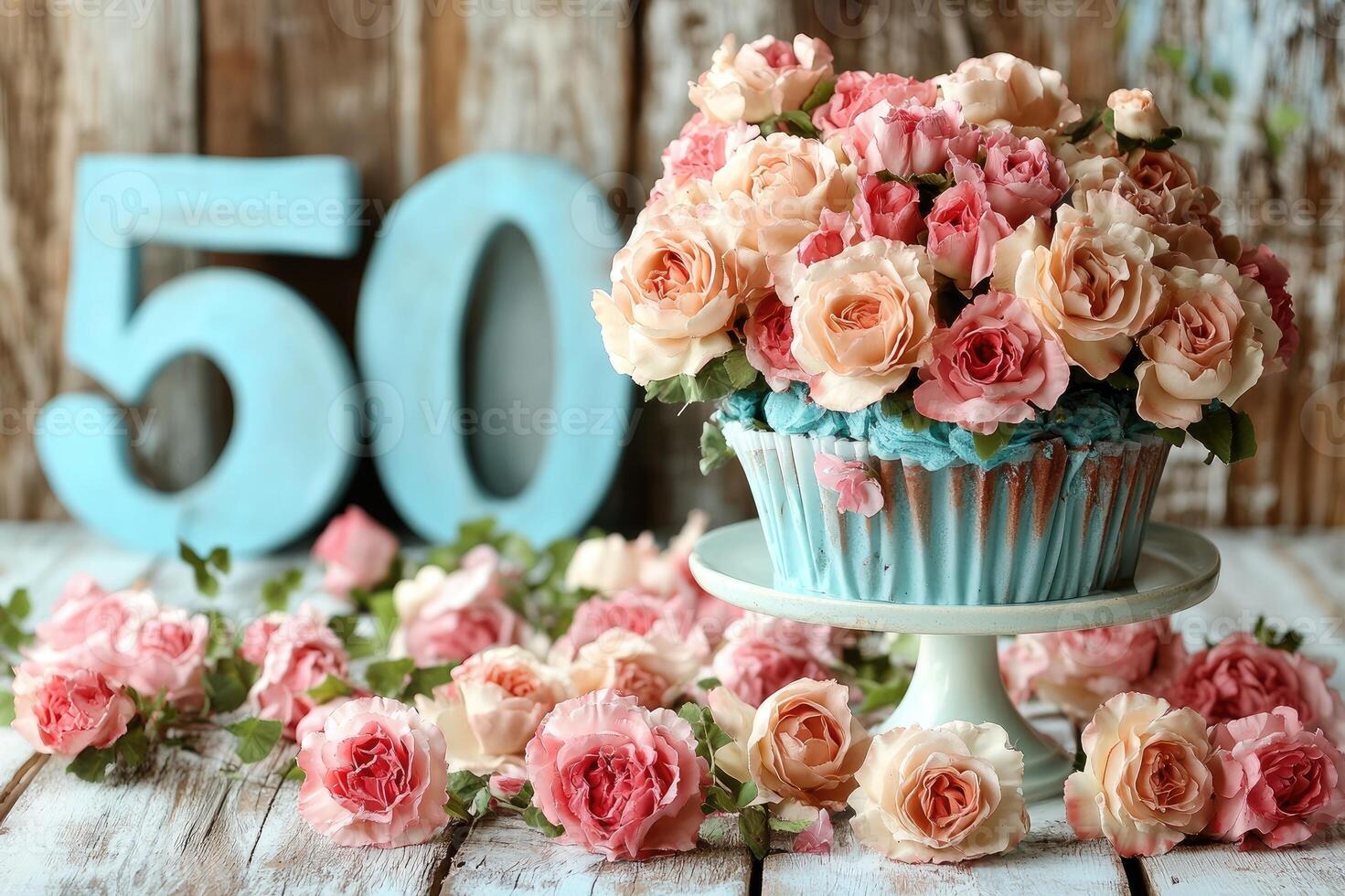 Delicious cupcake decorated with roses celebrating a 50th birthday photo