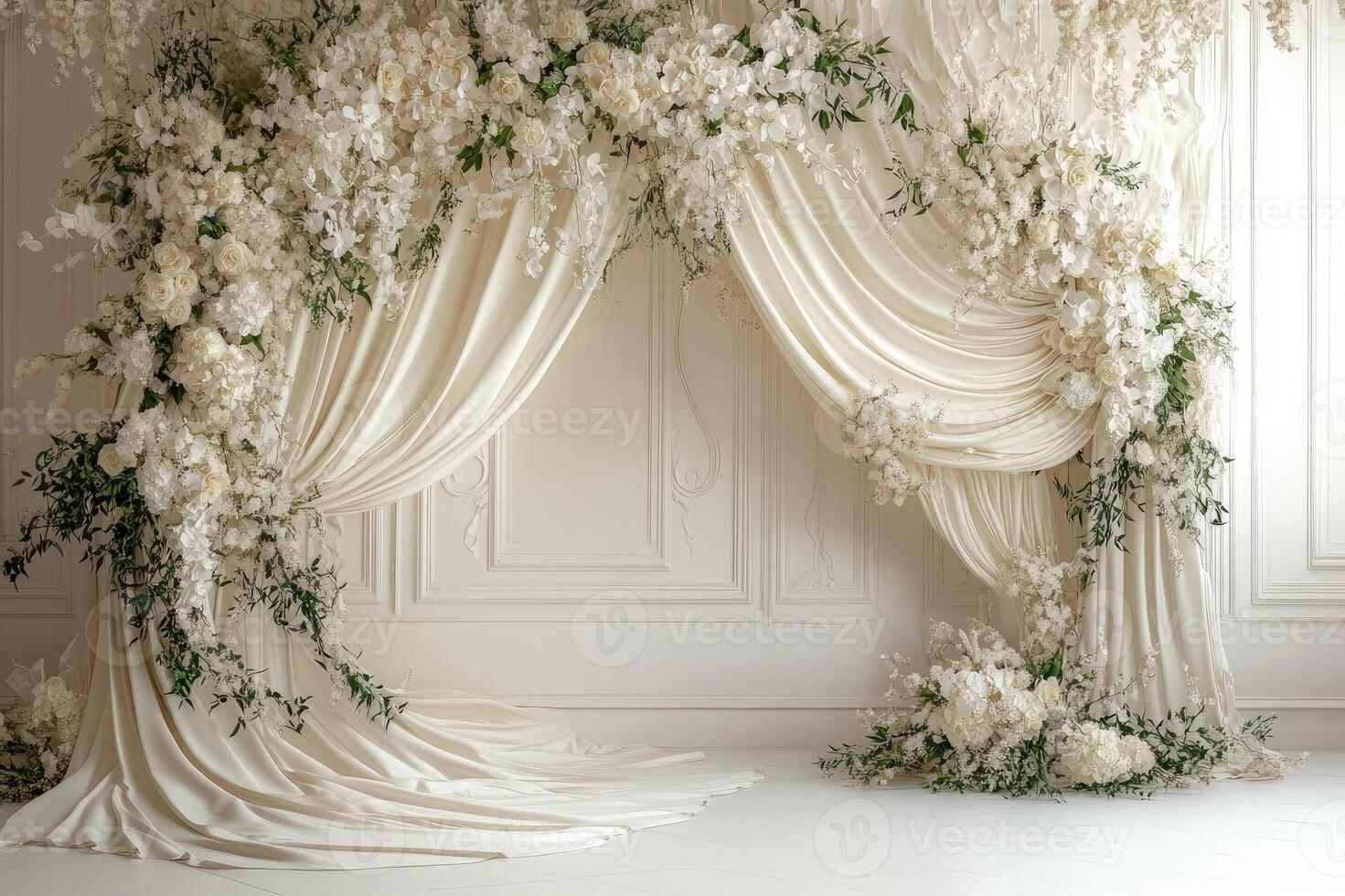 Elegant wedding ceremony backdrop decorated with delicate white flowers and draped fabric photo