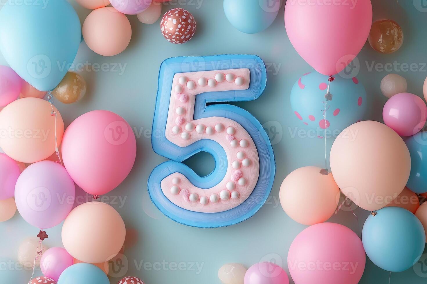 Fifth birthday celebration decorated with pastel balloons and number five photo