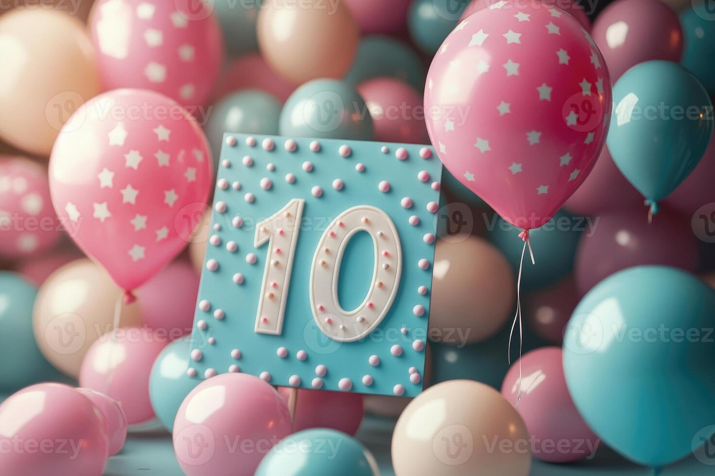 Number ten celebrating with pastel balloons and stars tenth birthday or anniversary party decoration photo