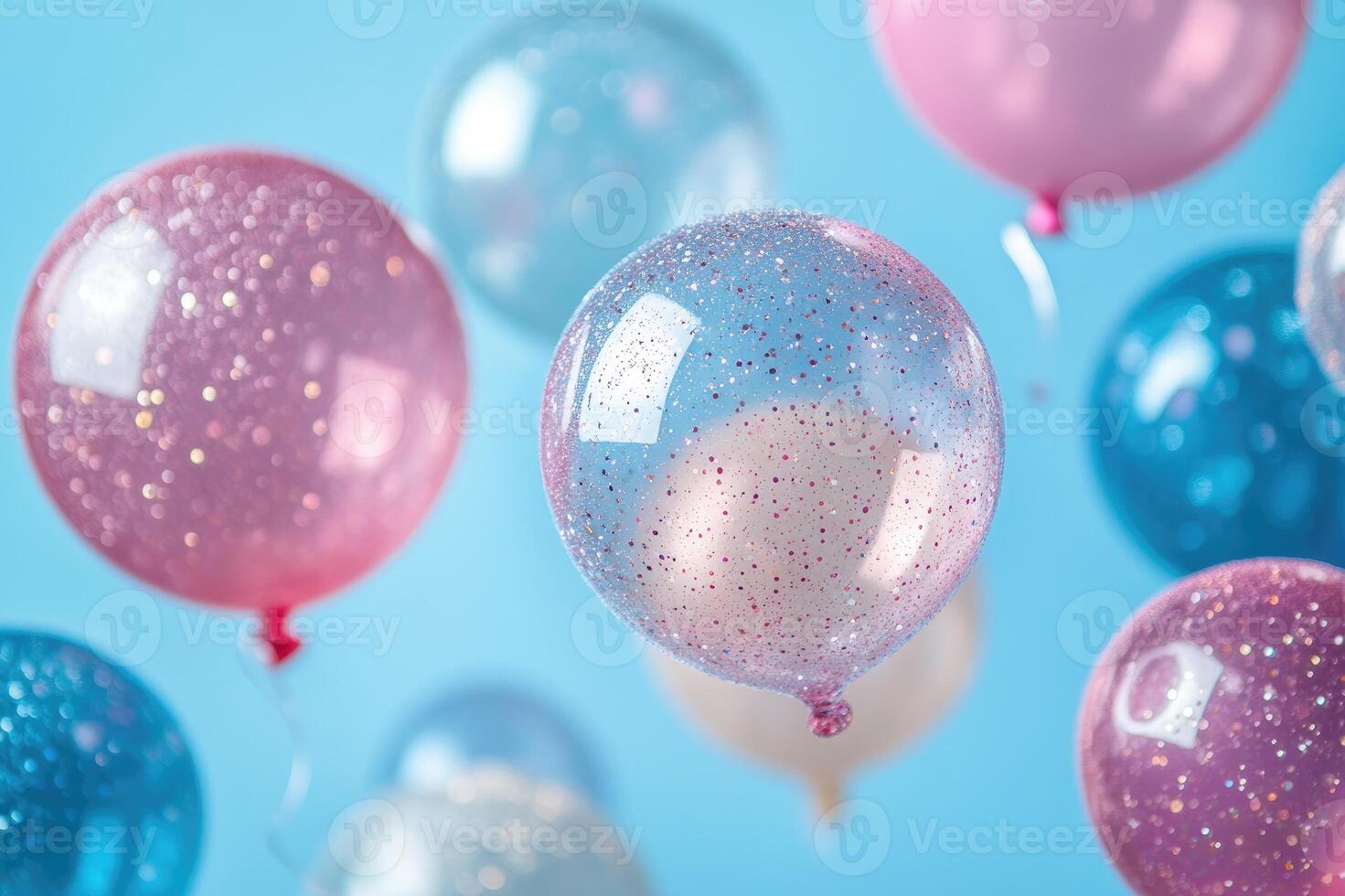 Colorful balloons floating on a light blue background celebrating with glitter and elegance photo