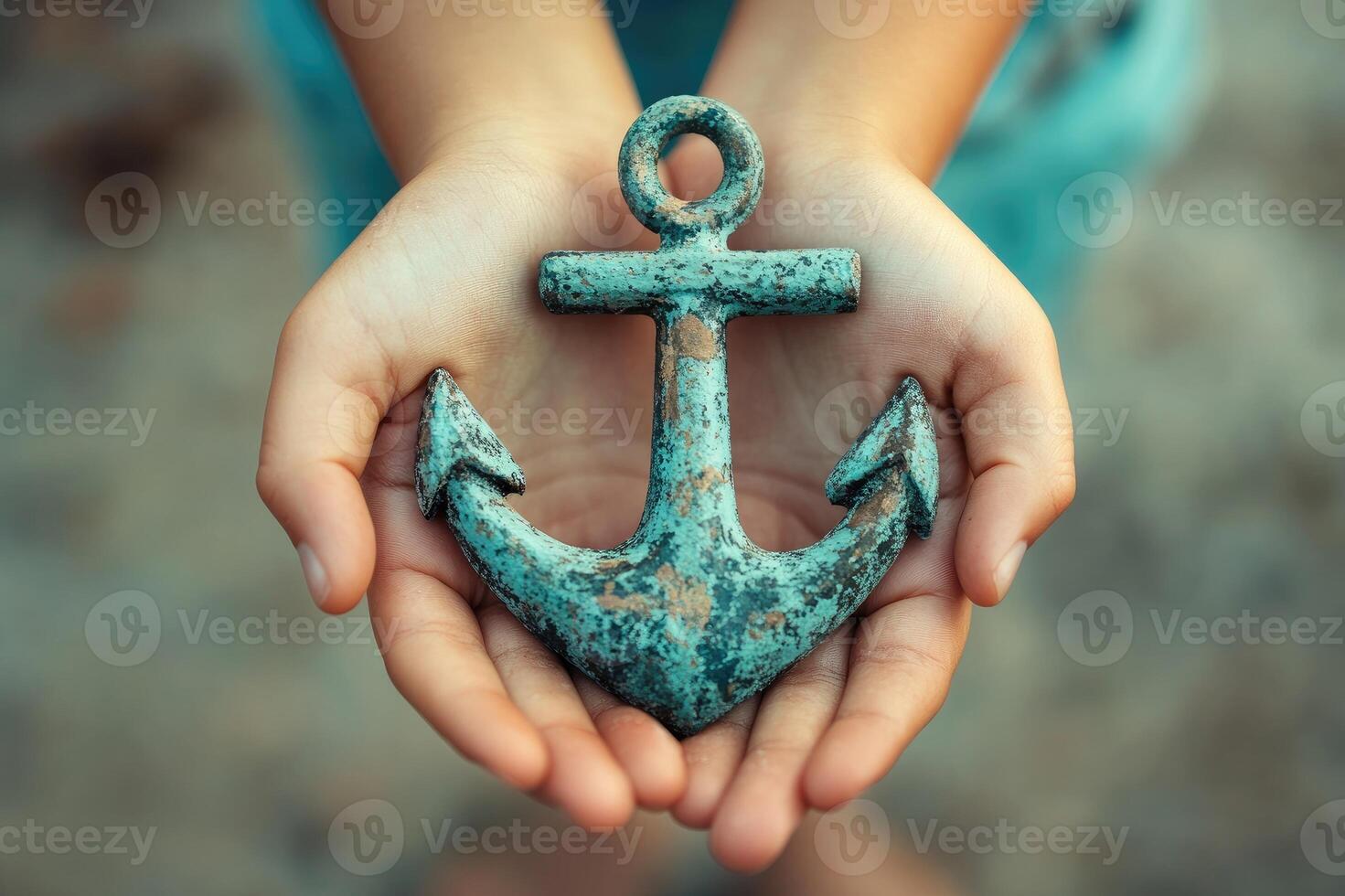 Child holding a small weathered anchor in open hands photo