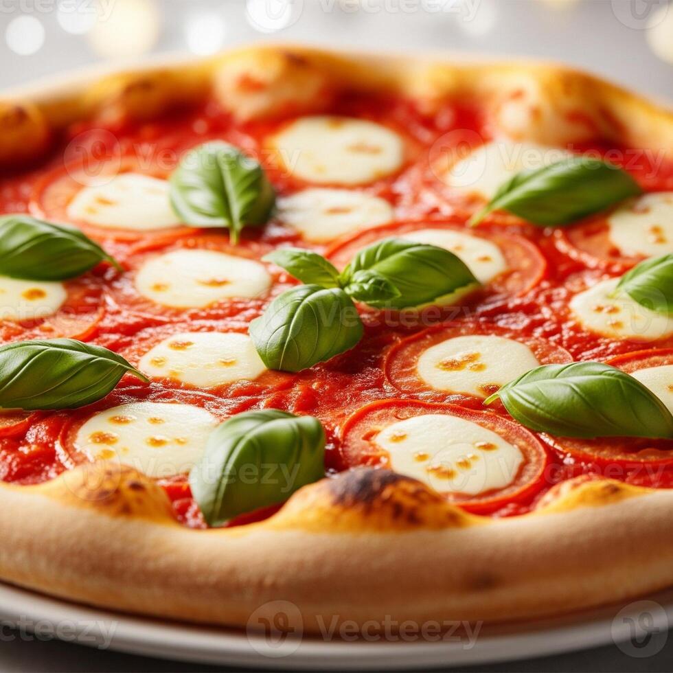 A pizza with cheese and basil leaves on top photo