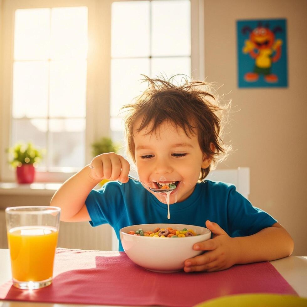 A child eating cereal in a bowl photo