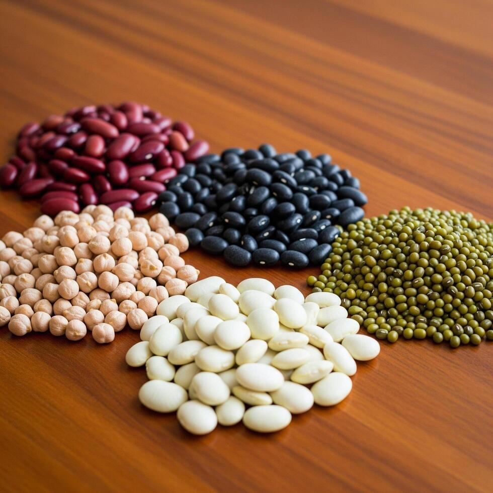 A variety of beans and peas on a wooden table photo