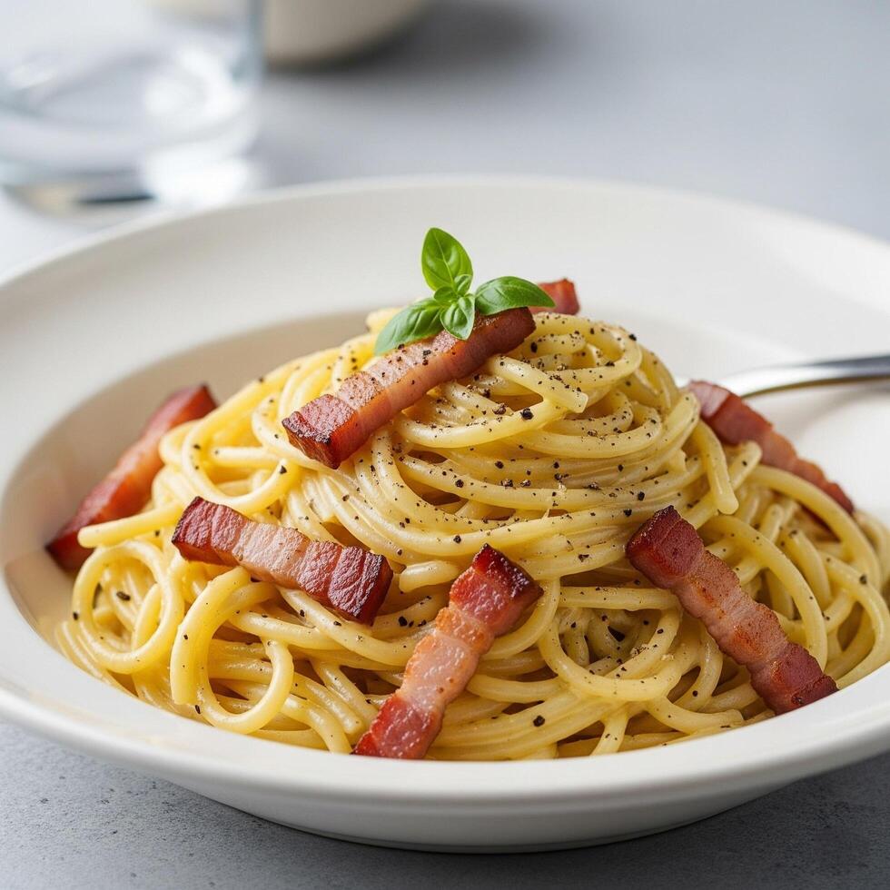 A plate of spaghetti with bacon and basil photo