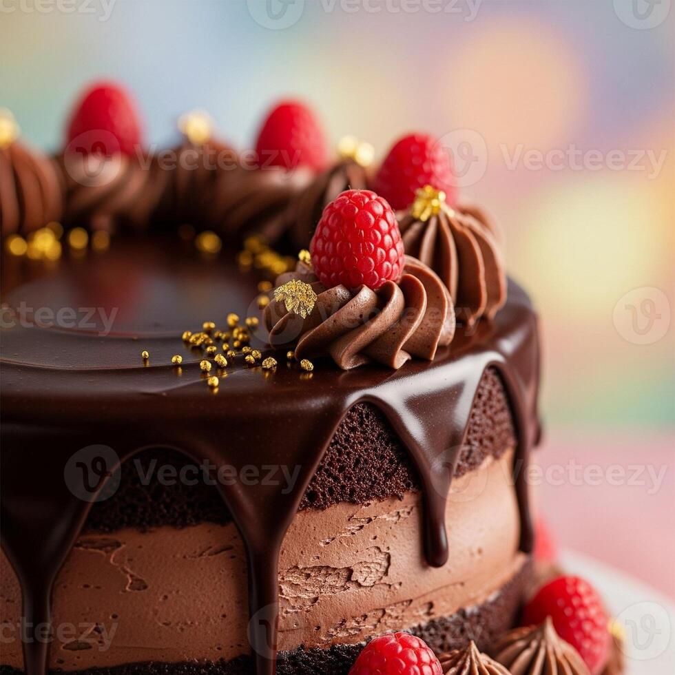 A chocolate cake with raspberries on top photo