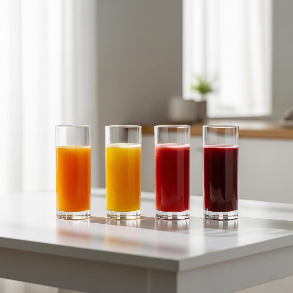 A table with four glasses of juice photo