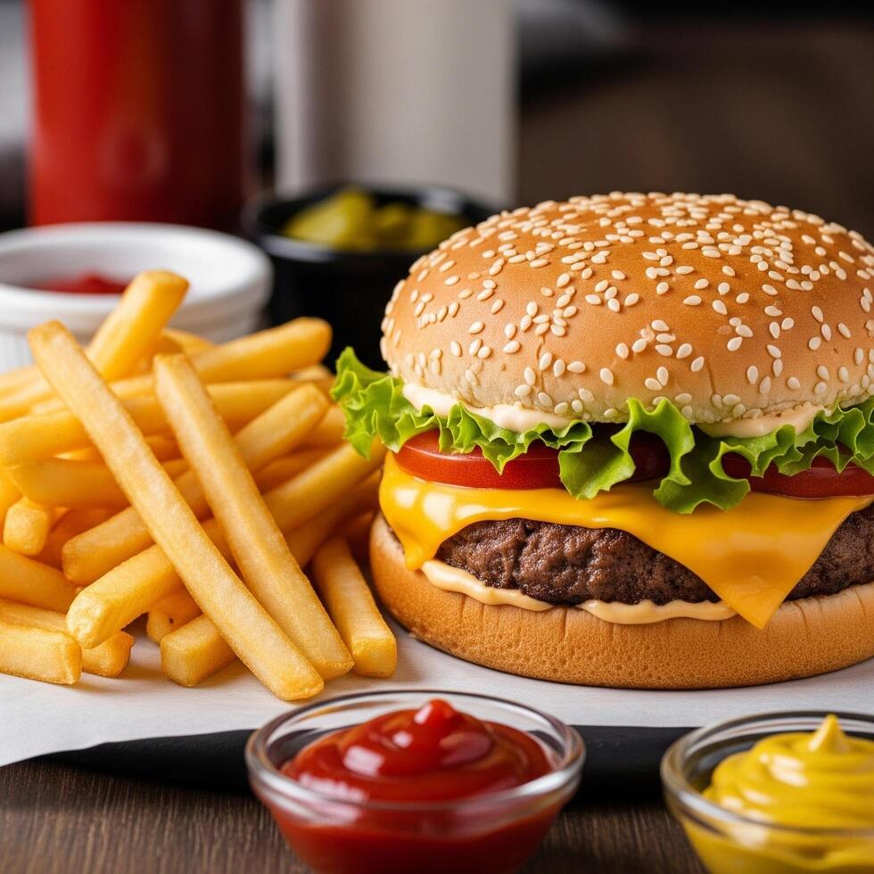 A hamburger and french fries on a table photo