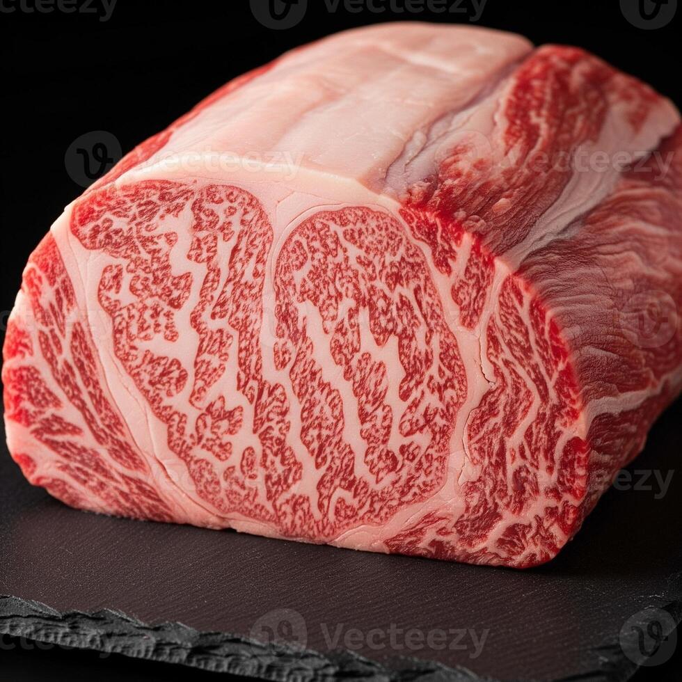 A large piece of raw beef sitting on a black surface photo