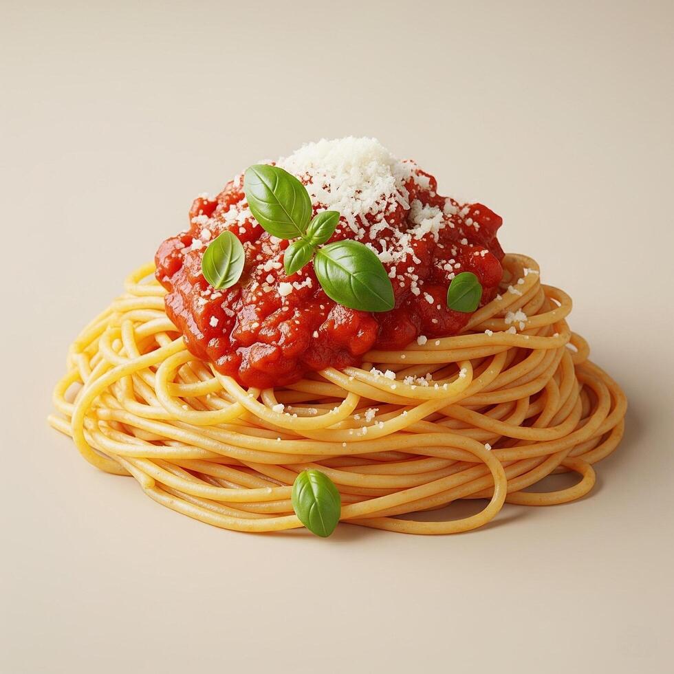 A spaghetti with tomato sauce and basil leaves photo
