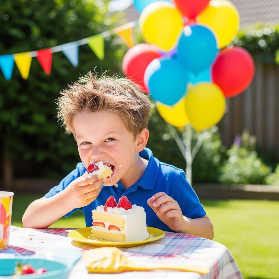A young boy eating cake at a birthday party photo