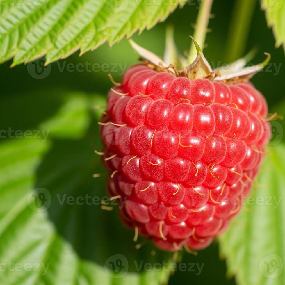 A raspberry is on the plant with leaves photo