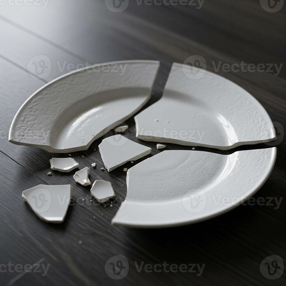 A broken plate on a table with a broken piece photo