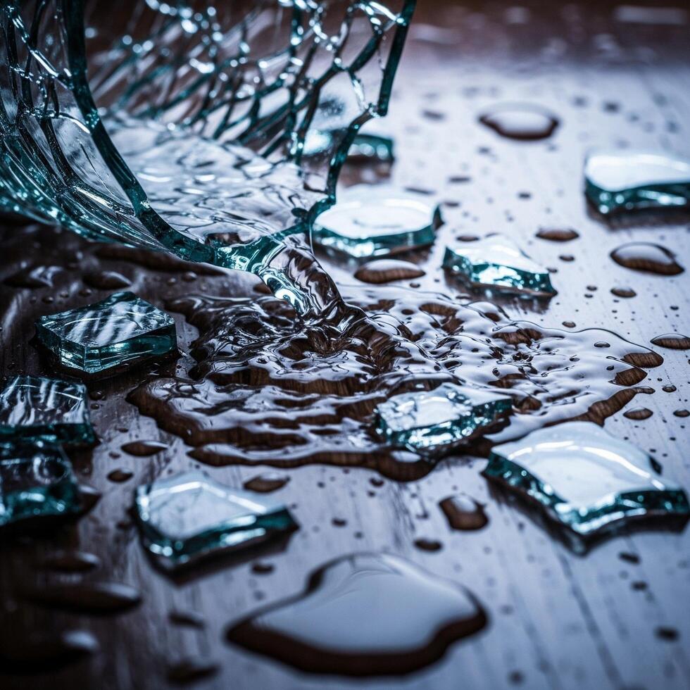 Broken glass on a wooden table with water photo