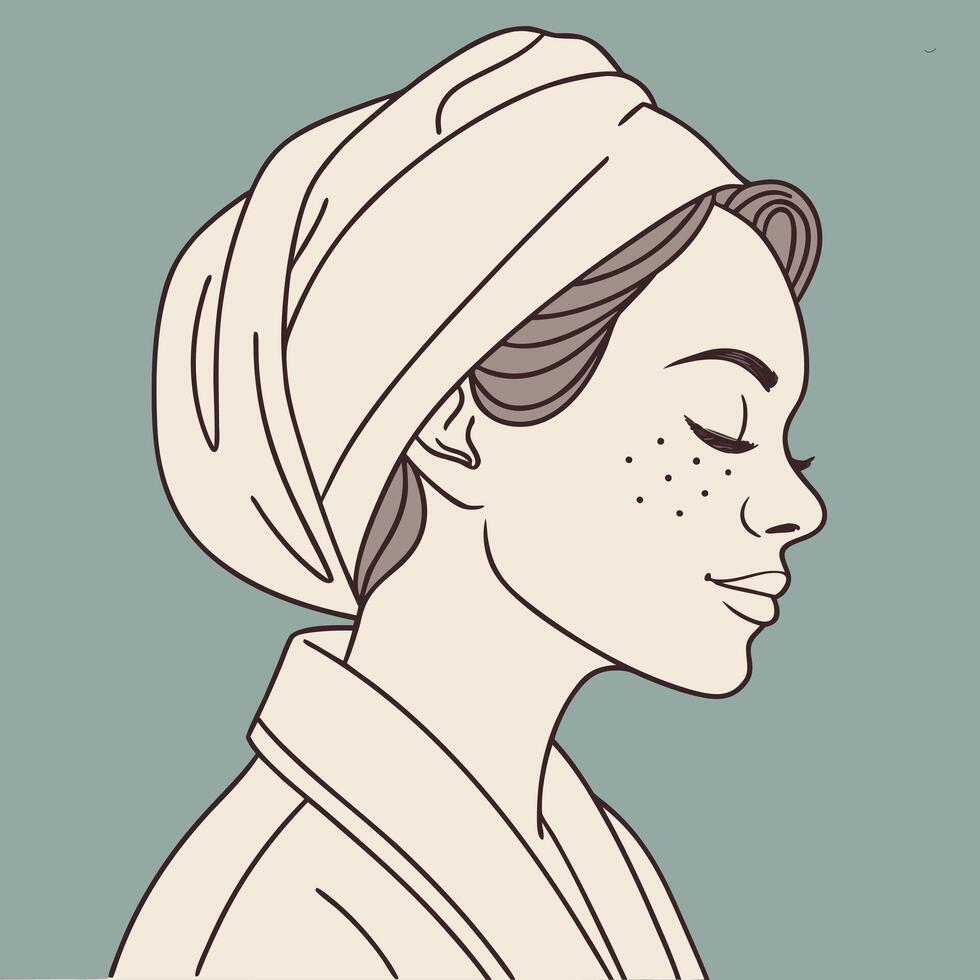 Relaxed woman in profile wearing a spa towel and robe enjoying a peaceful beauty and self care routine after shower skincare illustration vector