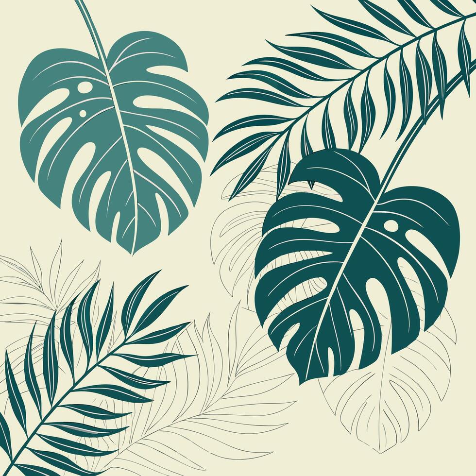 Lush tropical foliage pattern showcasing Monstera and palm leaves in vibrant green hues ideal for summer themed designs vector