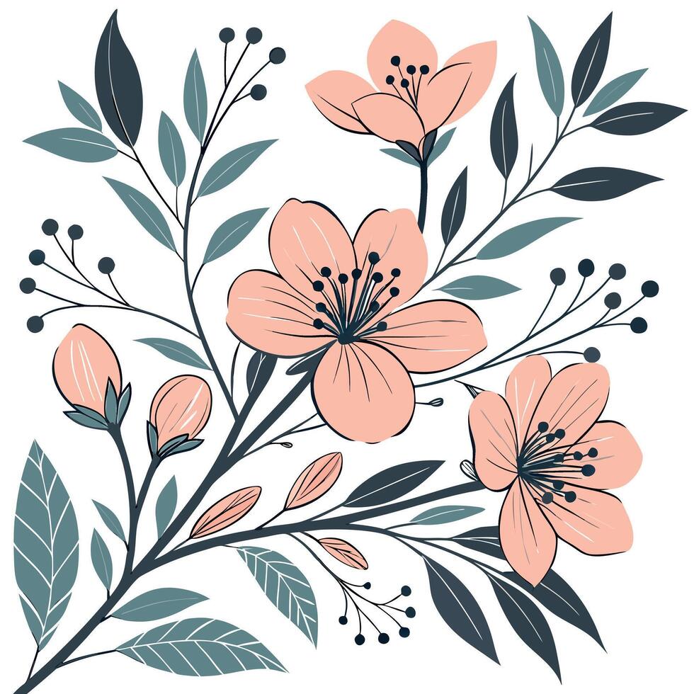 Elegant spring botanical illustration with soft peach flowers and deep teal leaves delicate berry accents and intricate branch details a natural floral design vector