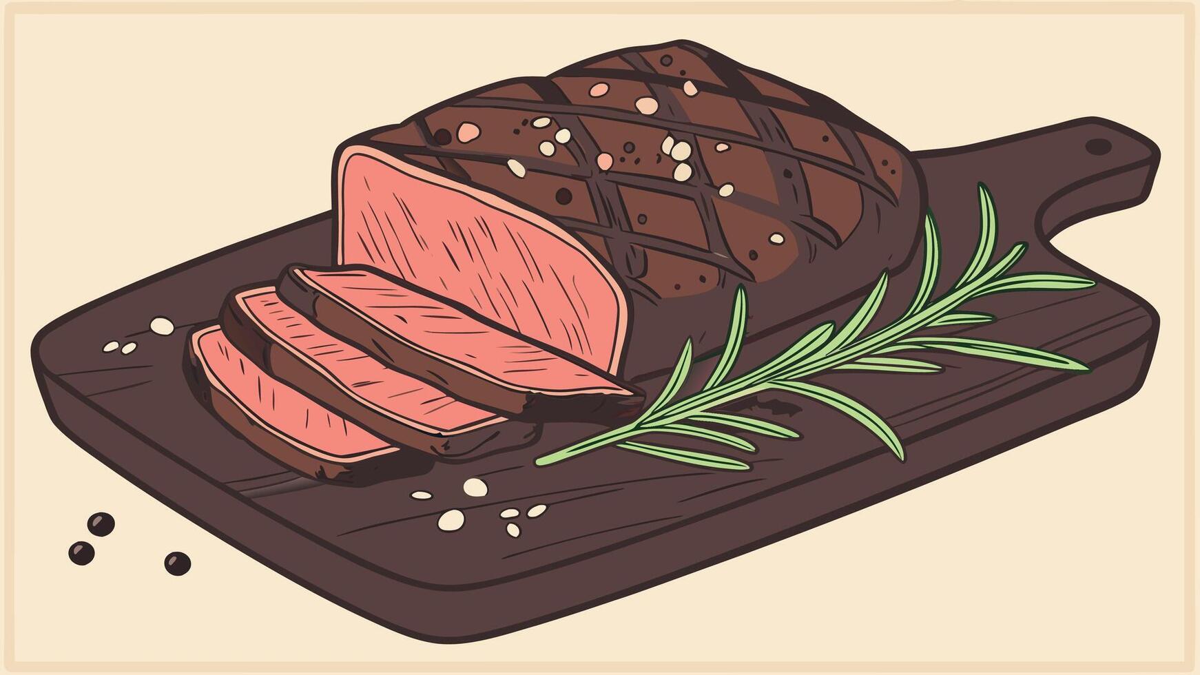 Succulent Roasted Meat Slices on a Wooden Cutting Board with Fresh Rosemary and Savory Seasoning vector