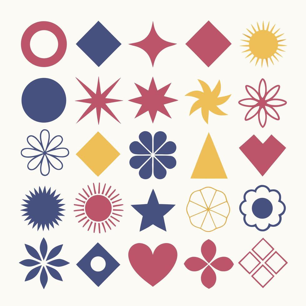 A vibrant collection of modern abstract and geometric shapes featuring simple colorful icons and decorative elements in a flat minimalist design style vector
