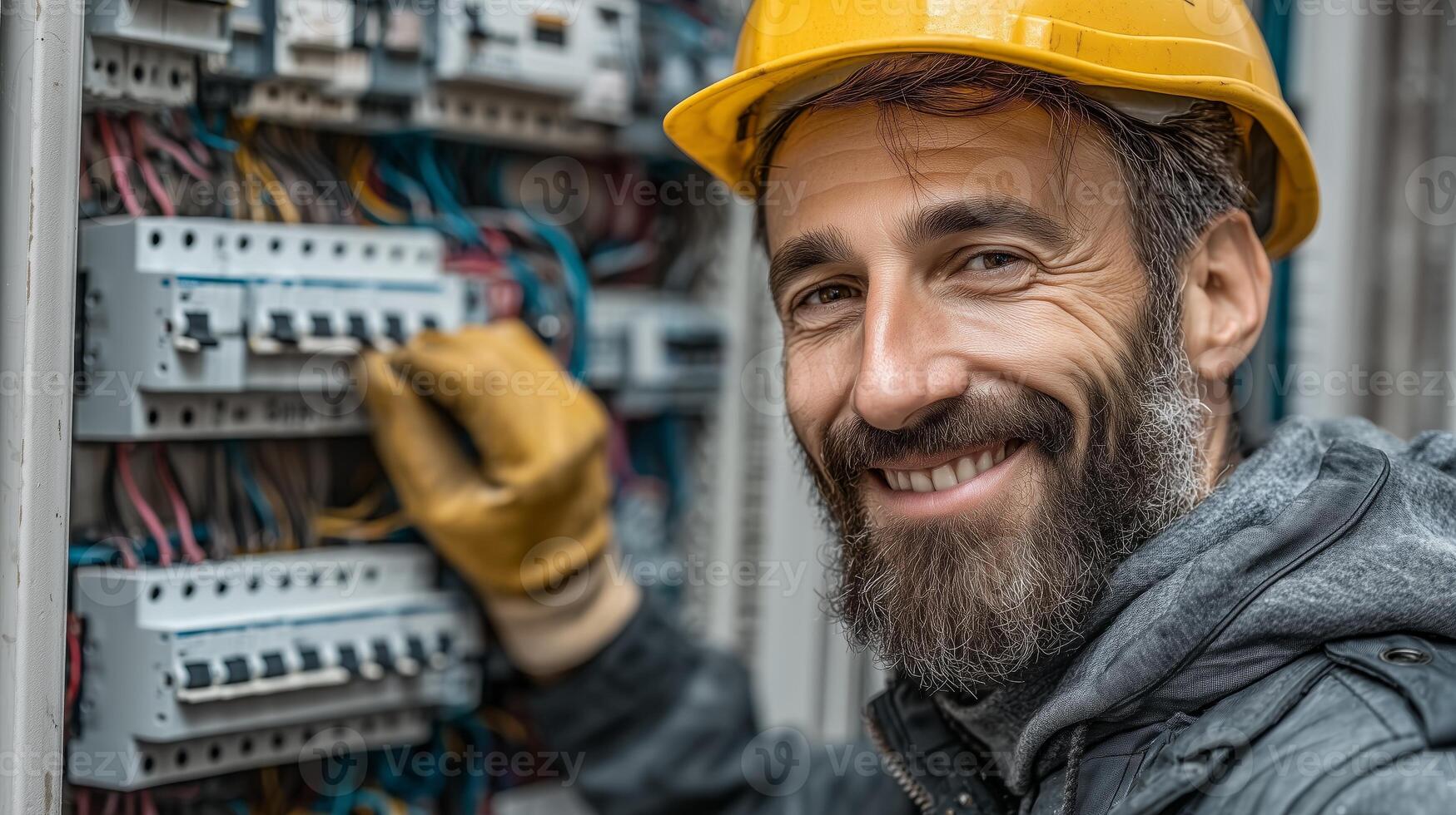 Smiling electrician wearing yellow hard hat and gloves, working on electrical panels. 3 photo