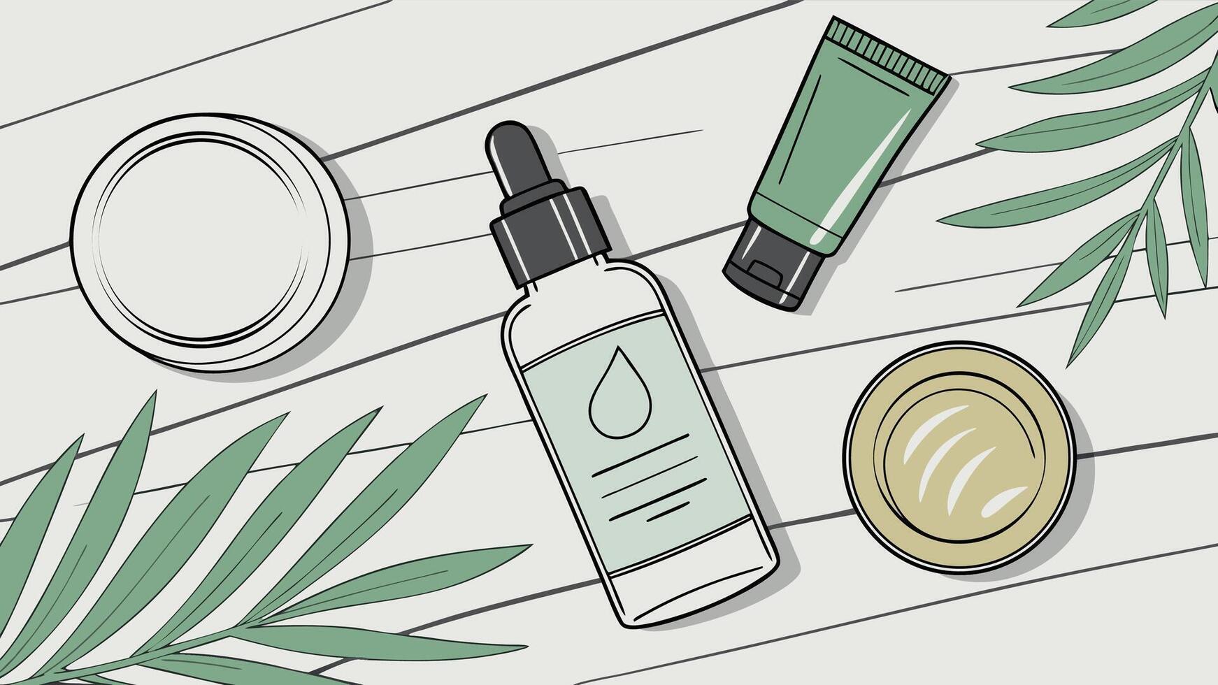Eco Friendly Skincare Essentials Flat Lay Illustration Organic Beauty Products with Botanical Elements and Palm Leaves on Light Wooden Background vector