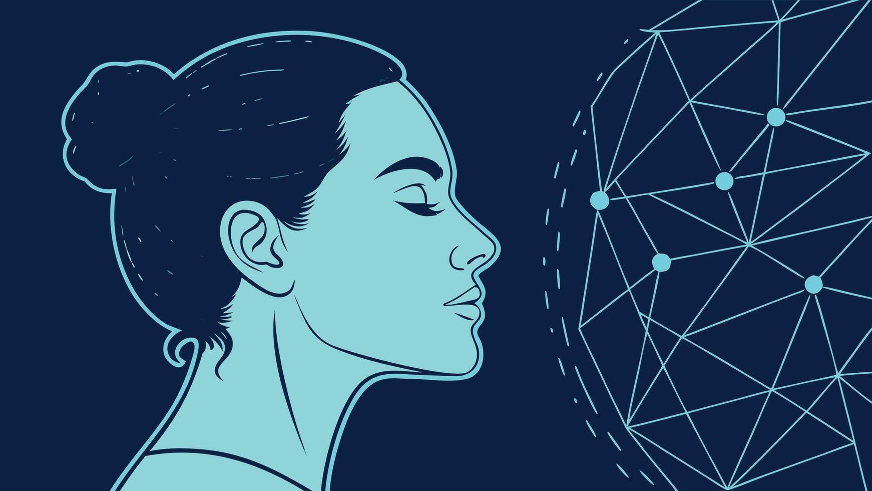 Woman contemplating futuristic digital network and global technology connections vector