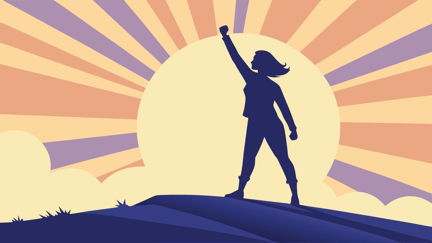 Empowered woman silhouette raising fist on mountaintop against sunburst background a symbol of strength success triumph and leadership for women power concepts vector