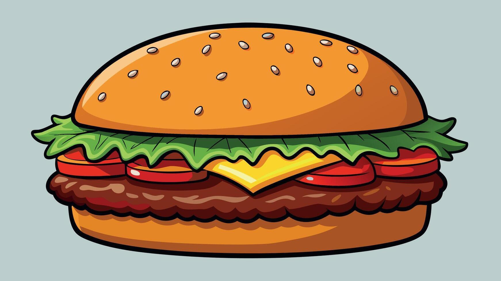 Classic cartoon hamburger illustration with sesame seed bun cheese lettuce and tomato a tasty American fast food graphic vector