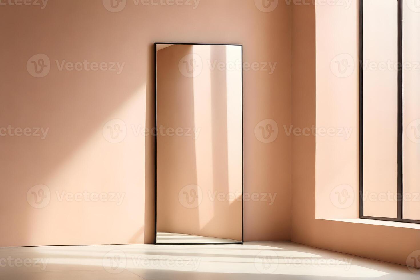 Minimalist interior with full-length mirror reflecting light in a peach-toned room photo