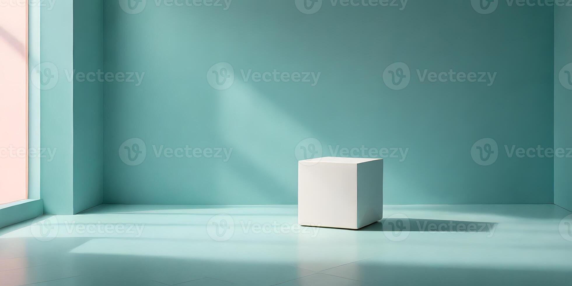 Minimalist teal room with a white cube bathed in soft, diffused sunlight photo