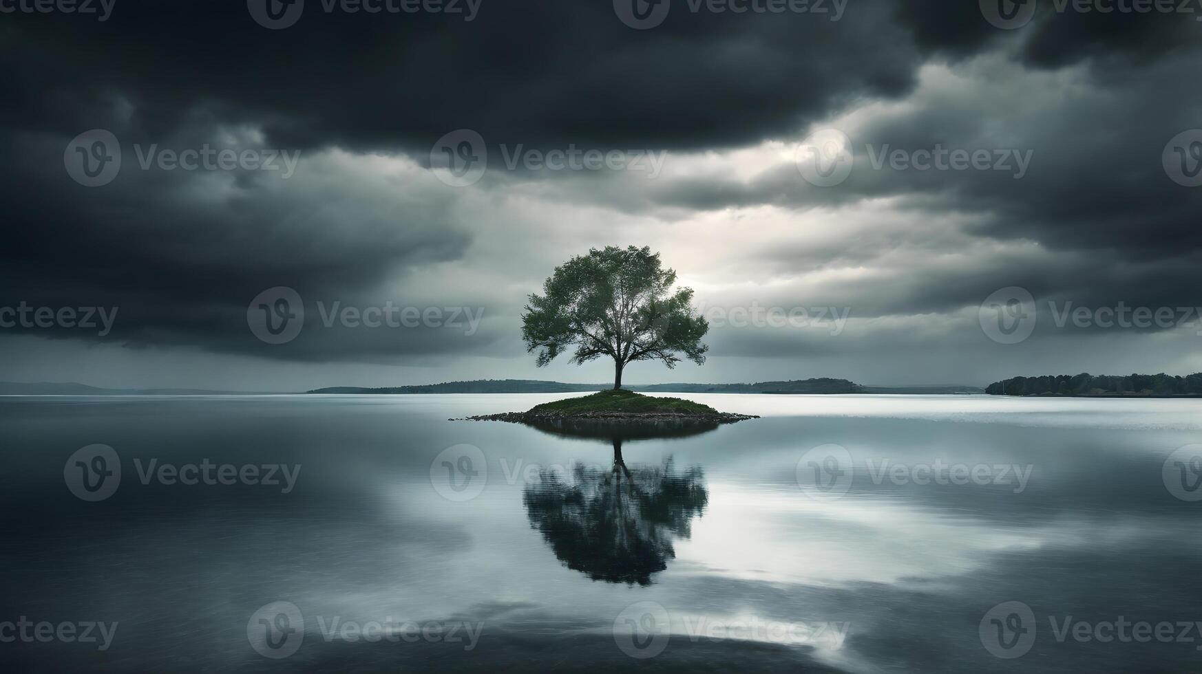 Solitary Tree on a Calm Lake Under a Stormy Sky photo