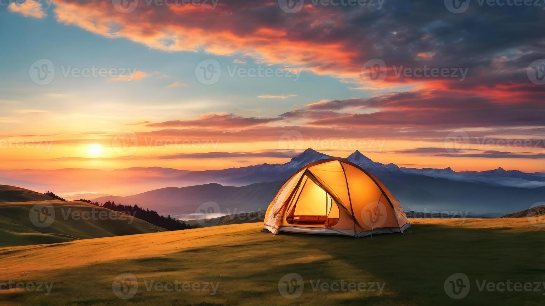 Illuminated Tent at Sunrise in Majestic Mountains photo