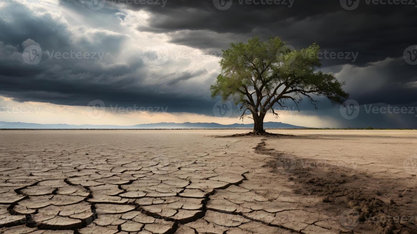 Lone Tree in a Cracked Desert Under a Stormy Sky photo