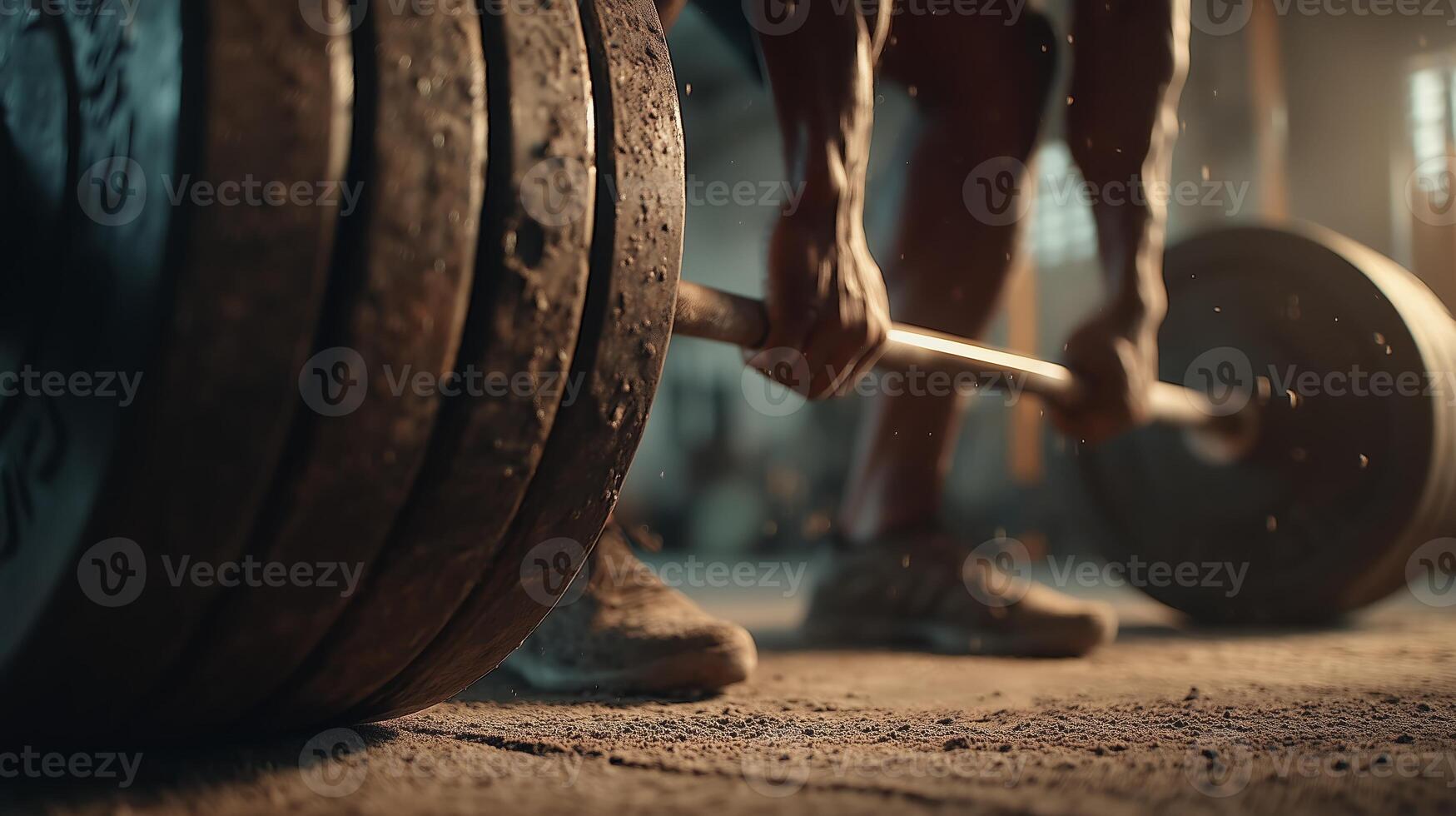 Man doing deadlifts with heavy barbell, chalk dust floating in the air. photo