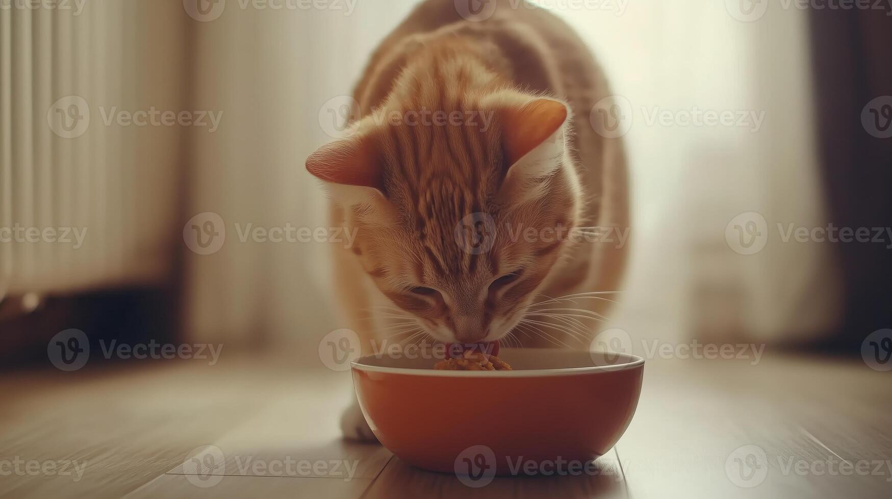 A cat eating from a bowl on a light background. 7 photo
