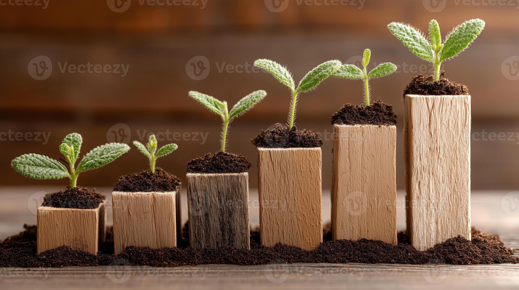Seedlings growing along a rising bar graph made of soil. 3 photo