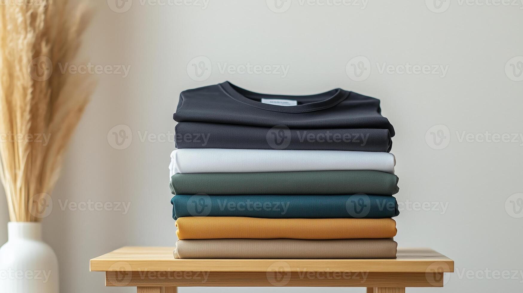 Stacks of neatly folded t-shirts, set against a minimalistic background. 7 photo