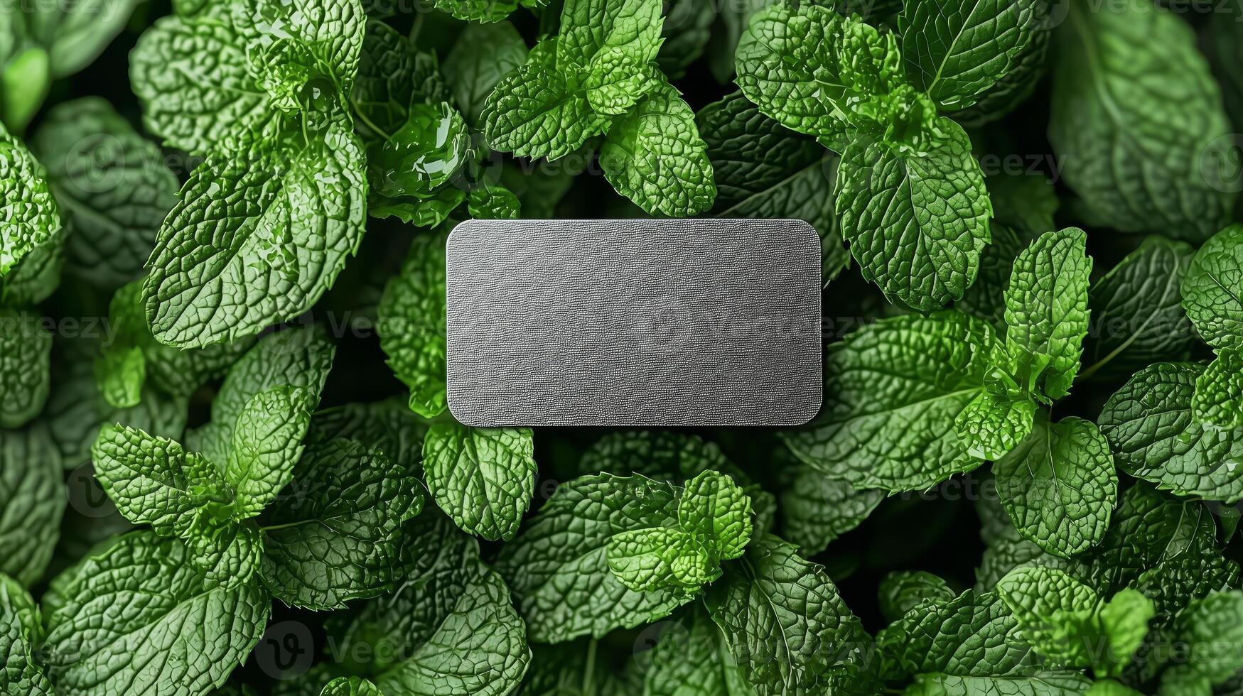 A silver card is placed in the dense green mint leaves. 6 photo