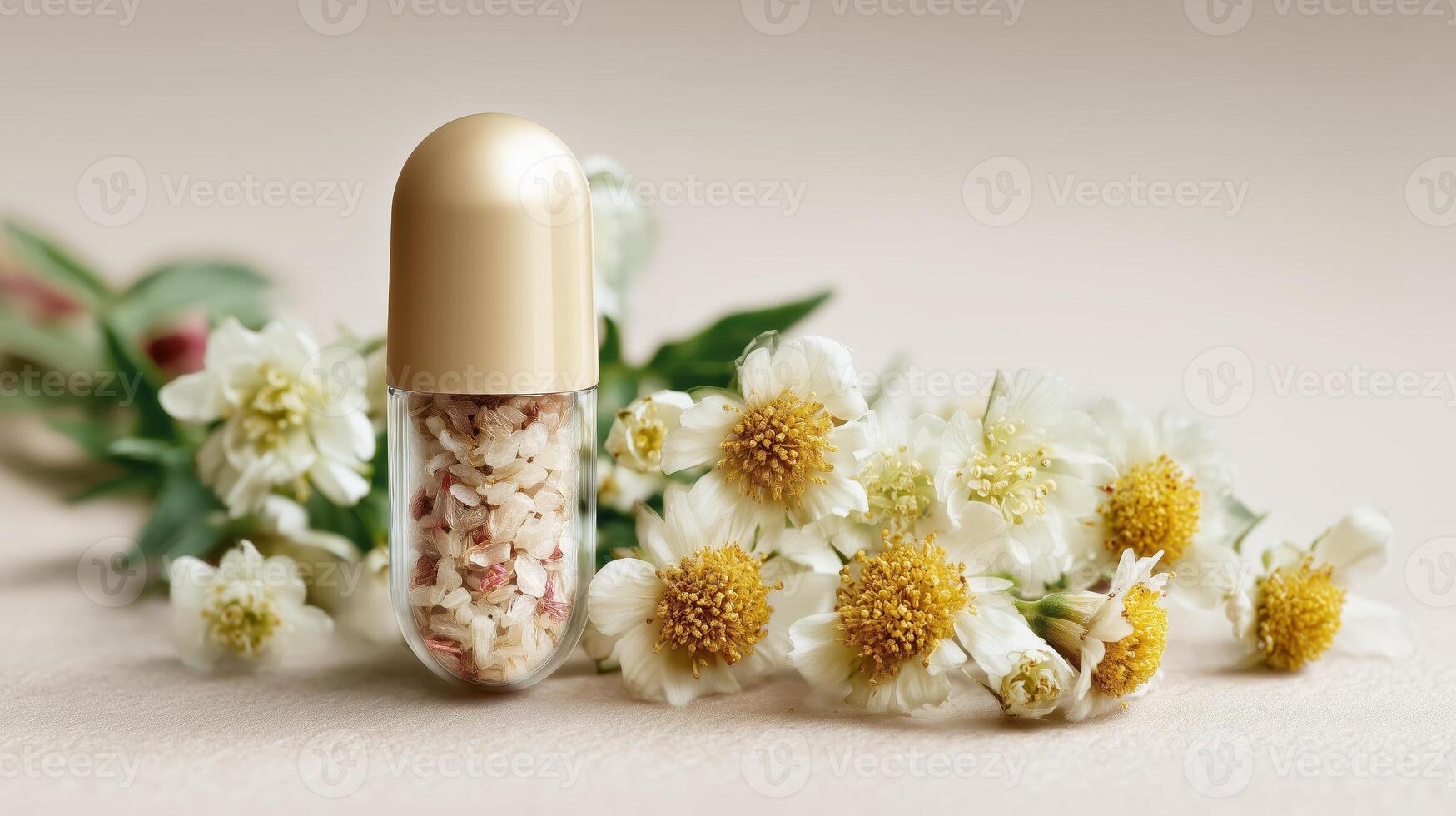 A fragrance capsule surrounded by flowers of chamomile. Clean product-style background. photo