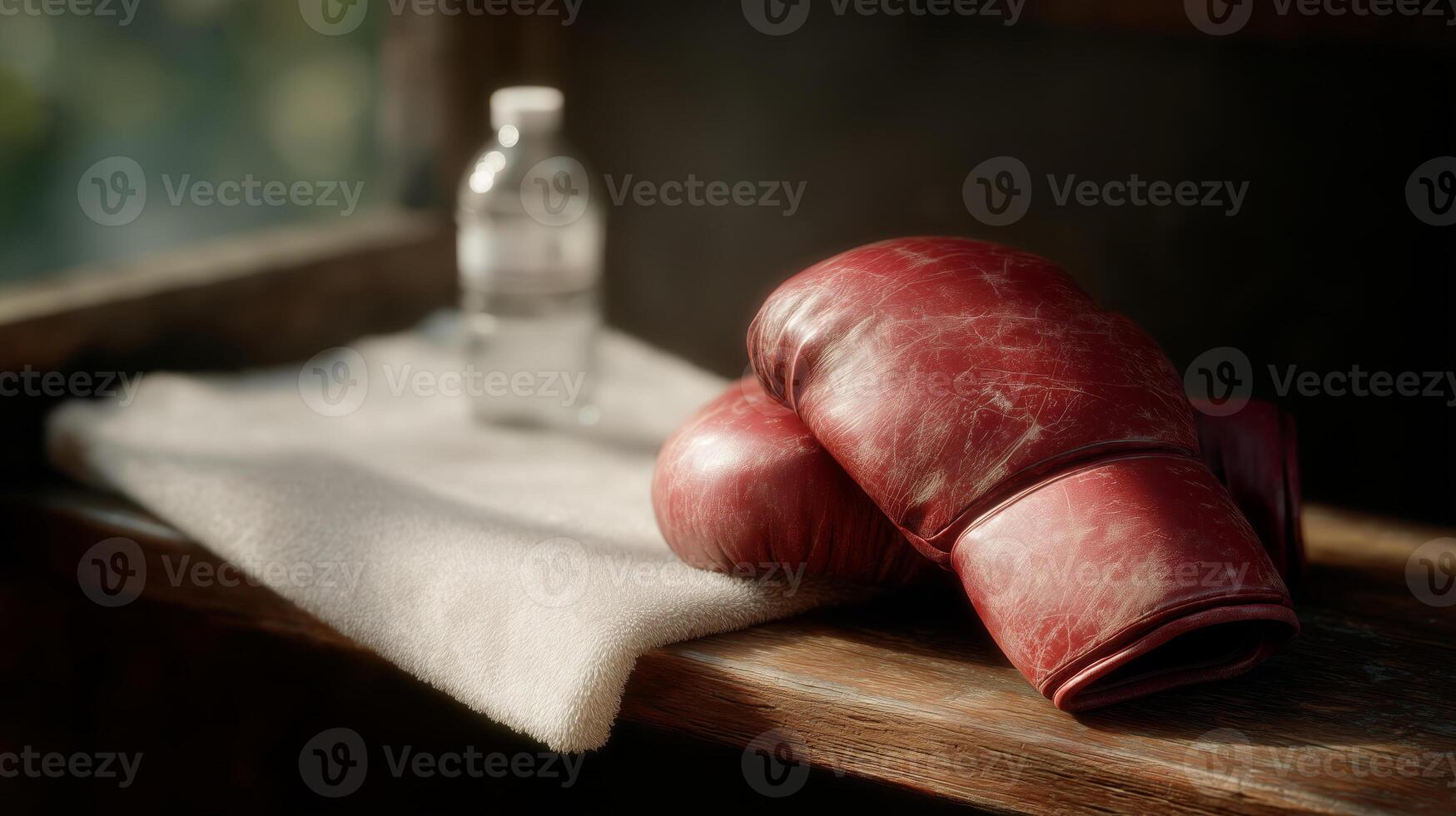 Boxing gloves resting on bench beside water bottle and towel. photo