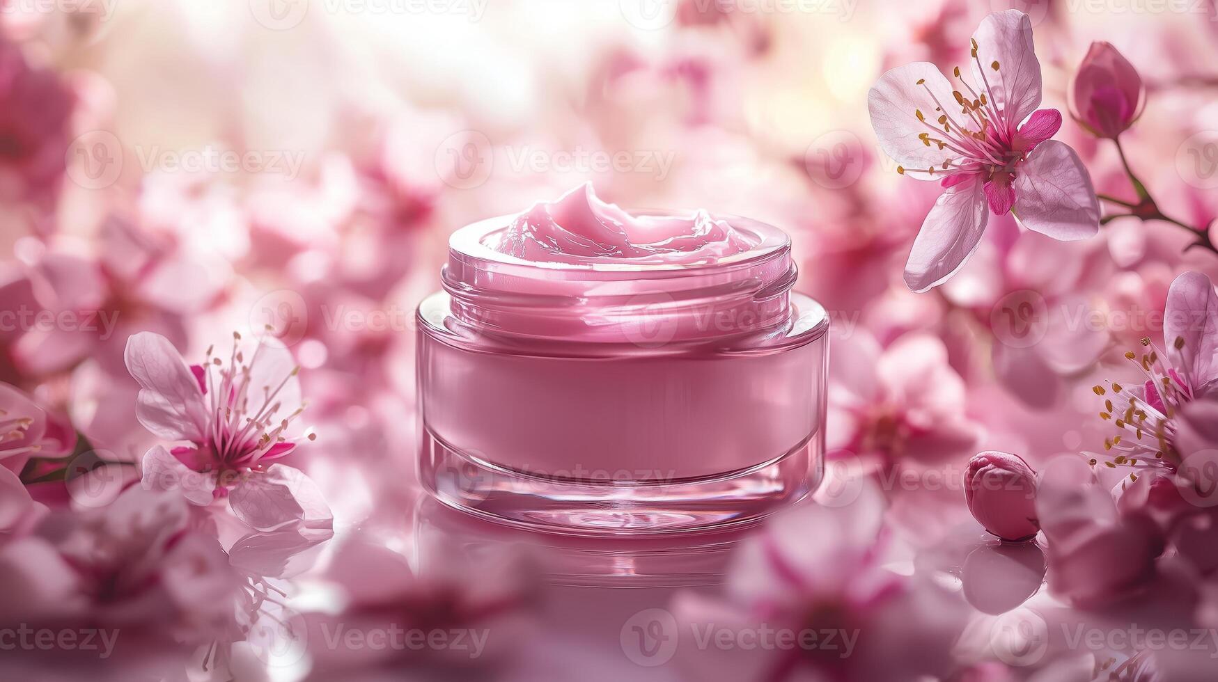 Pink cream jar with floral background photo