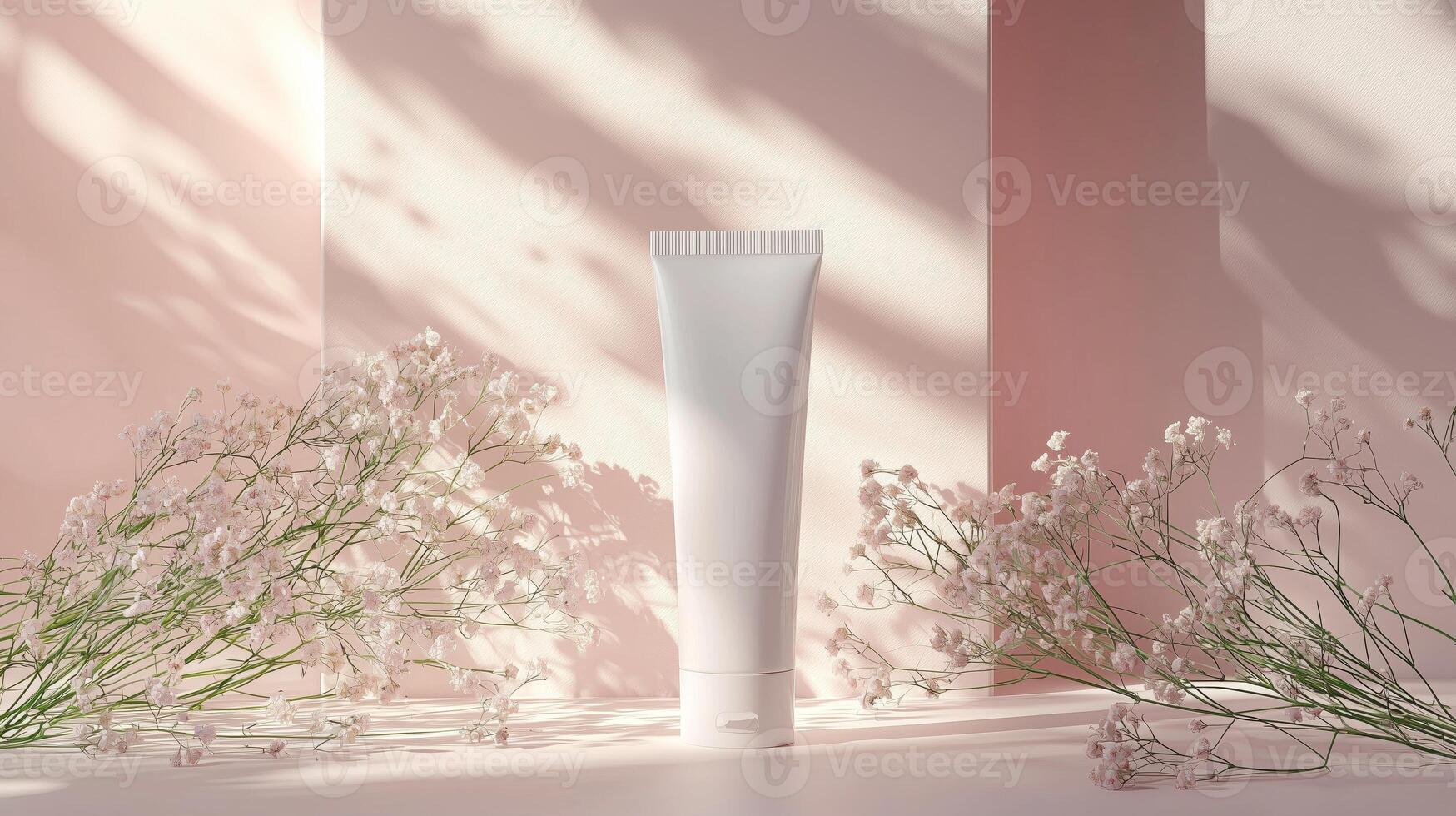 A tube-shaped body cream with some delicate flowers scattered around. 4 photo