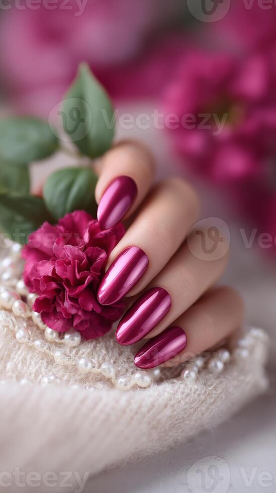 Close-up of a metallic manicure in the color of fuchsia on long oval nails. photo