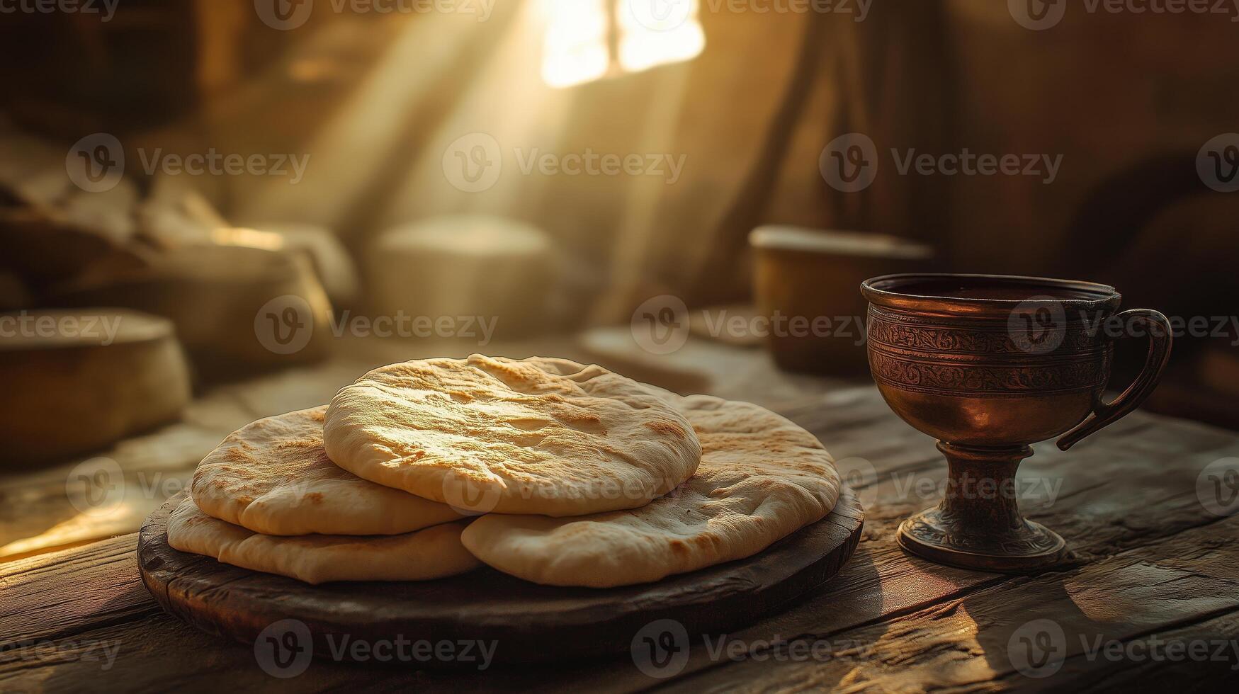Ancient passover bread and wine in an antique cup, with golden hour lighting. 7 photo