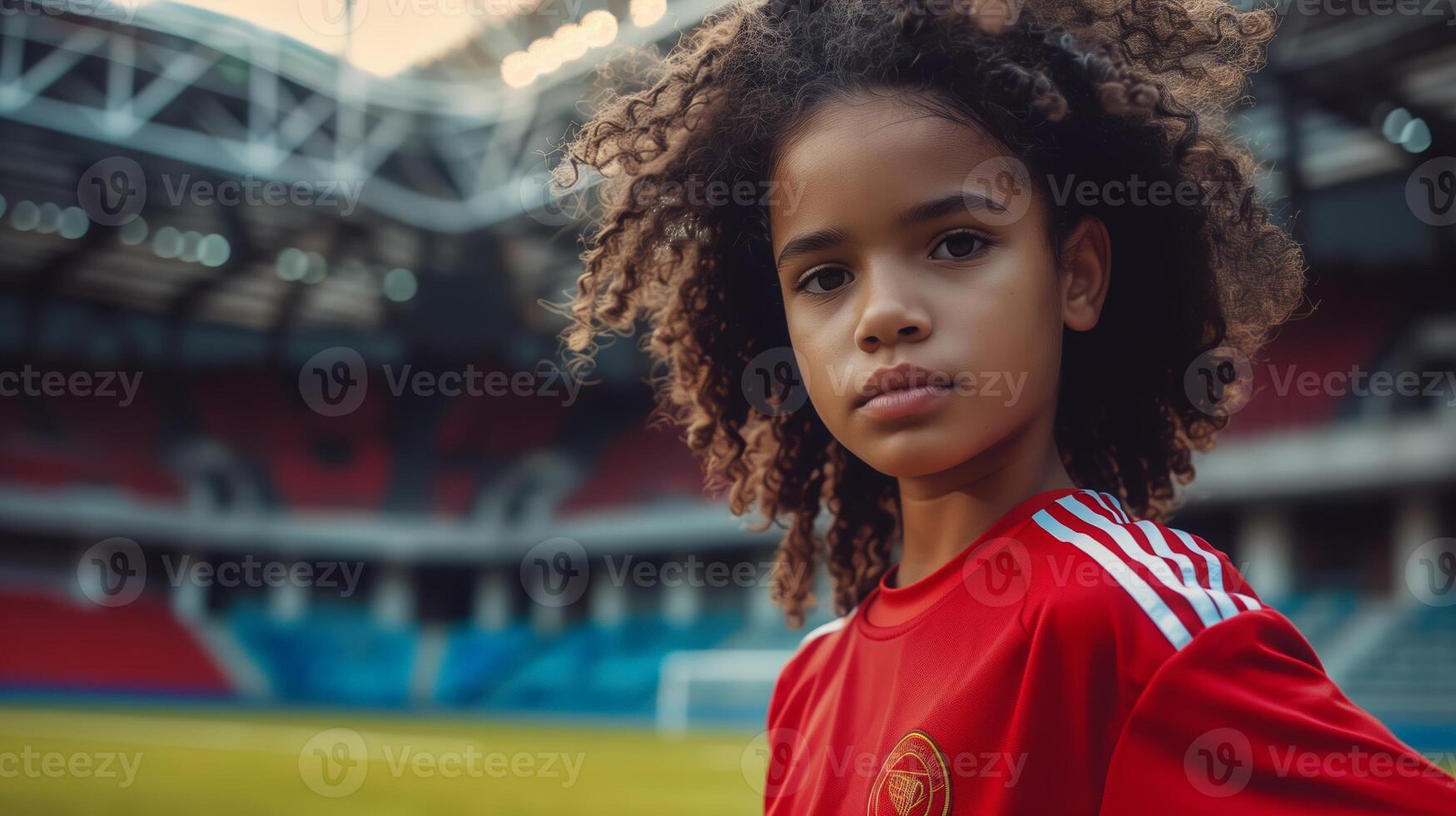 Close up of young soccer model on a stadium. 8 photo
