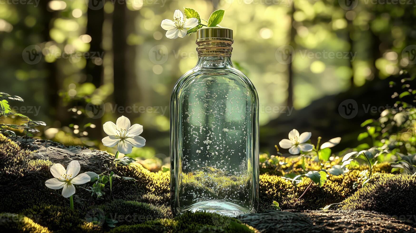 Glass bottle among moss and flowers photo