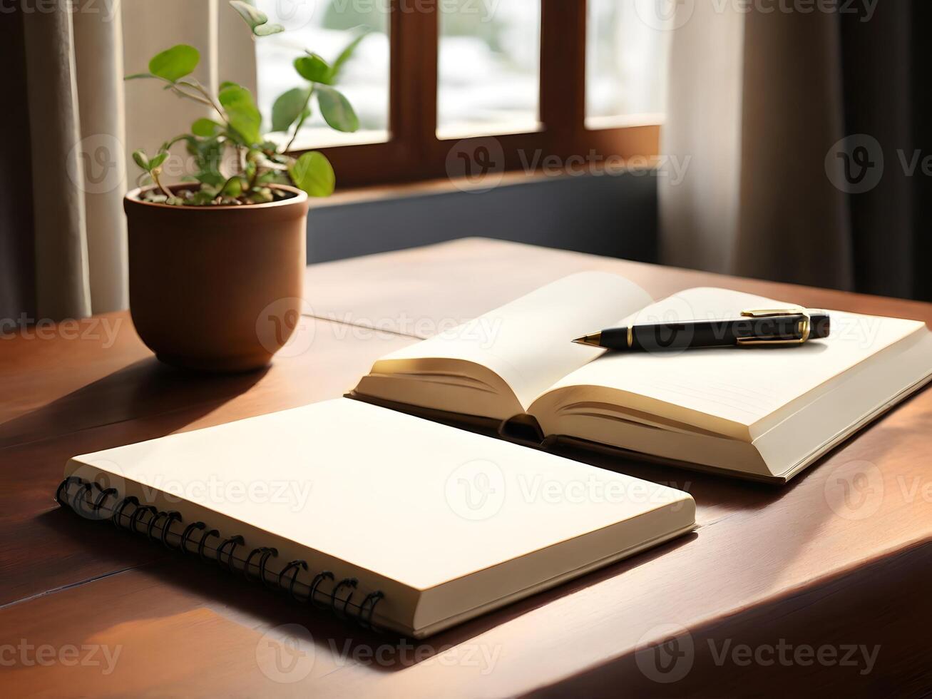 Open Books and a Pen on a Wooden Table by a Window photo