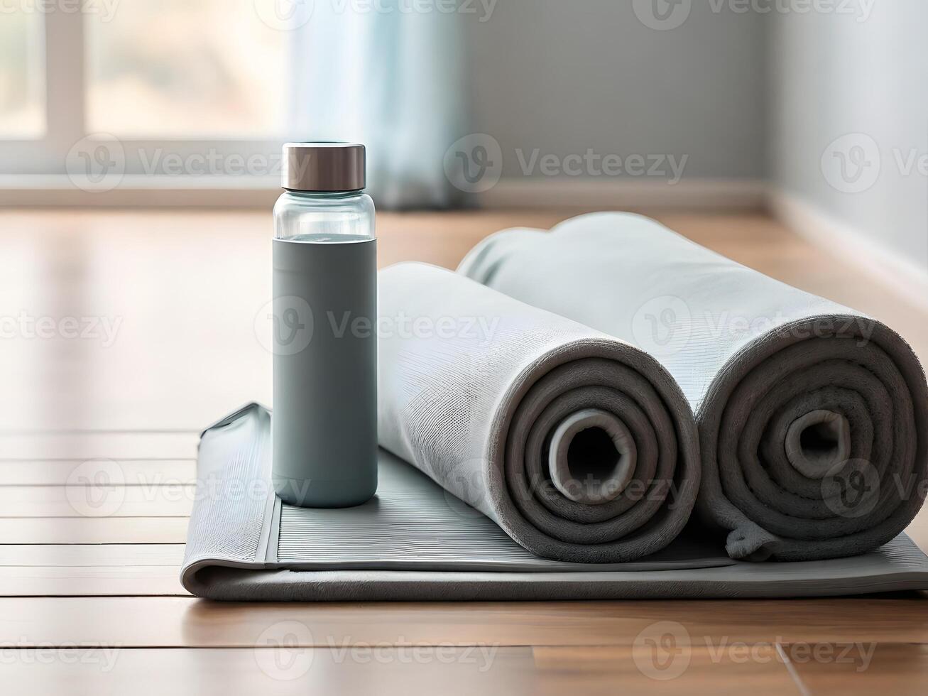 yoga mat and water bottle on a wooden floor photo